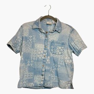 Villager Sport Y2K Chambray Floral Patchwork Button Down Shirt Petite Medium